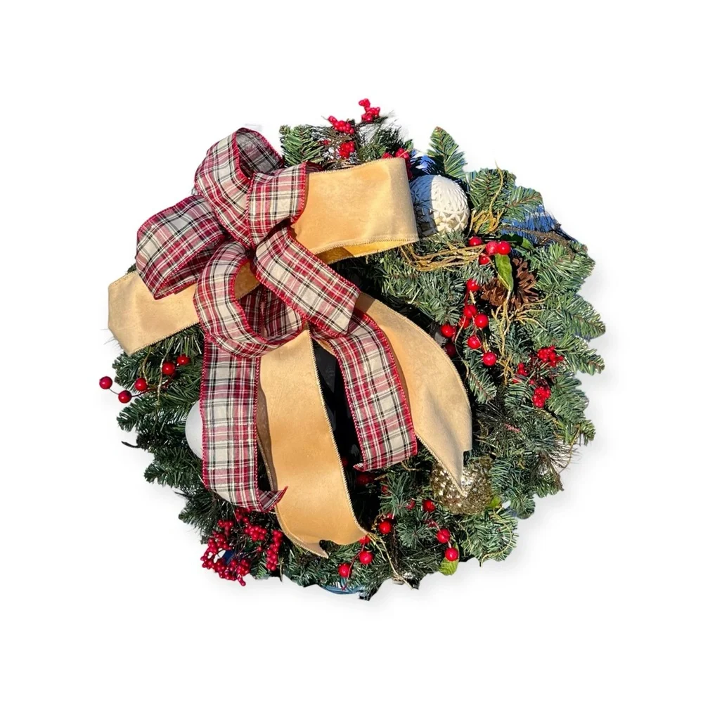Festive Christmas Pine Holiday Wreath with Gold and Red Accents, 23‎ inches wide